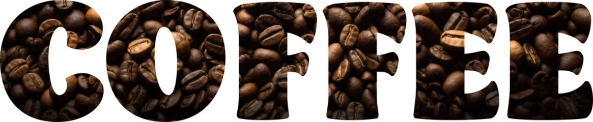 Coffee sign with roasted coffee beans letters on transparent background. Generative AI.