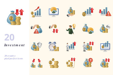 Investment set. Creative icons: profit, chart, saving, increase cost, risk reduction, investment risk, return of investment, decision, investing data, financial assets, investment security, investment