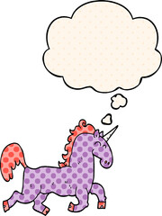 cartoon unicorn with thought bubble in comic book style