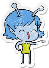 distressed sticker of a cartoon alien girl laughing