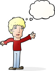 cartoon worried man reaching out with thought bubble