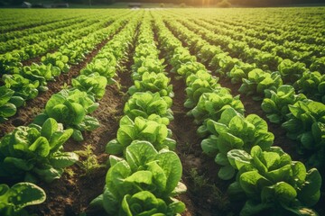 Background with a field of Lettuce plantations. Growing, harvesting Lettuce. Healthy natural food and vegetable background concept.  - obrazy, fototapety, plakaty