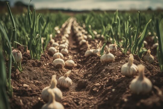 Background with a field of garlic plantations. Growing, harvesting garlic. Healthy natural food and vegetable background concept