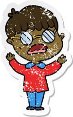 distressed sticker of a cartoon boy wearing spectacles