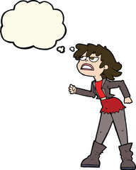 cartoon angry biker girl with thought bubble