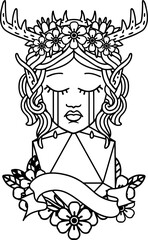 Black and White Tattoo linework Style crying elf druid character face with natural one roll