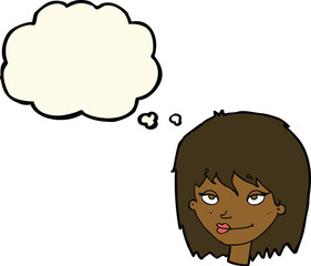 cartoon smiling woman with thought bubble