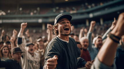 Baseball fans cheer and celebrate their team's victory in the stands - ai generative - obrazy, fototapety, plakaty