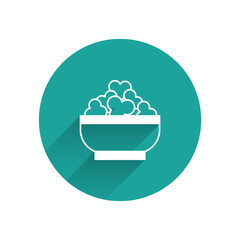 White Cottage cheese icon isolated with long shadow. Essential vitamins and minerals in healthy food. Medical, healthcare and dietary concept. Green circle button. Vector