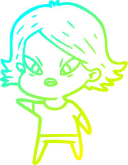 cold gradient line drawing of a cartoon stressed woman