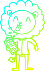 cold gradient line drawing of a happy cartoon lion
