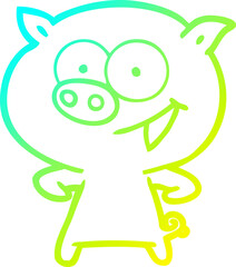 cold gradient line drawing of a cheerful pig cartoon