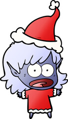 hand drawn gradient cartoon of a shocked elf girl wearing santa hat