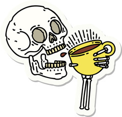sticker of tattoo in traditional style of a skull drinking coffee