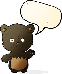 cartoon black bearcub waving with speech bubble