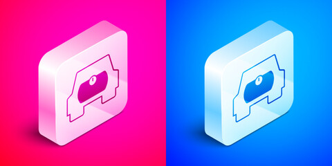 Isometric Gas tank for vehicle icon isolated on pink and blue background. Gas tanks are installed in a car. Silver square button. Vector