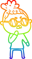 rainbow gradient line drawing of a cartoon annoyed woman