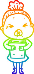 rainbow gradient line drawing of a cartoon angry old woman