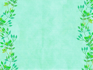 Green spring background with leaves border. Watercolor on paper texture.