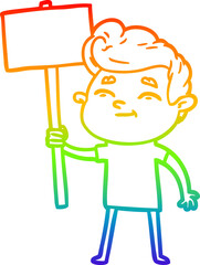 rainbow gradient line drawing of a happy cartoon man with sign