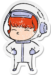 distressed sticker of a cartoon curious astronaut