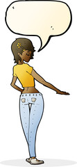 cartoon pretty girl in jeans and tee with speech bubble