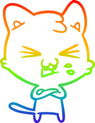 rainbow gradient line drawing of a cartoon cat hissing