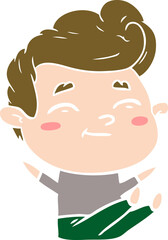 happy flat color style cartoon man sitting