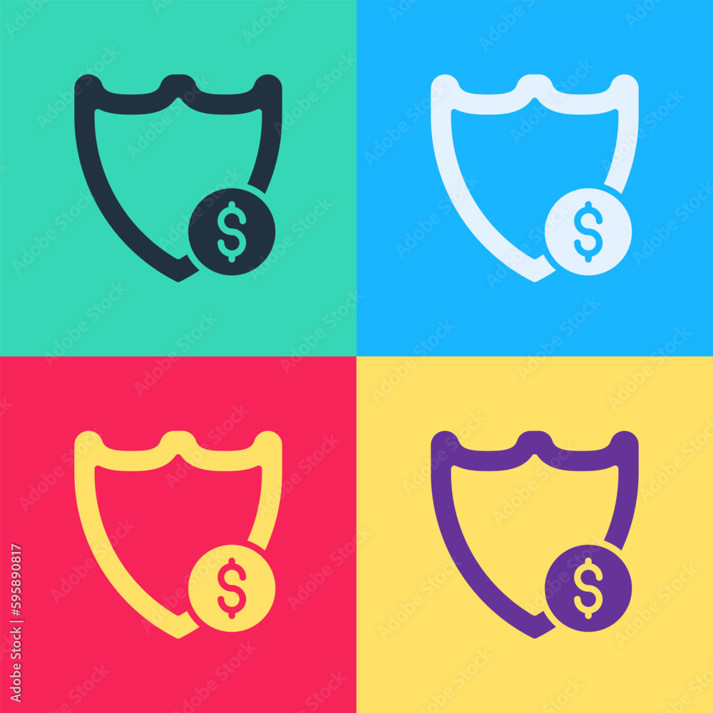 Poster pop art shield with dollar symbol icon isolated on color background. security shield protection. mon