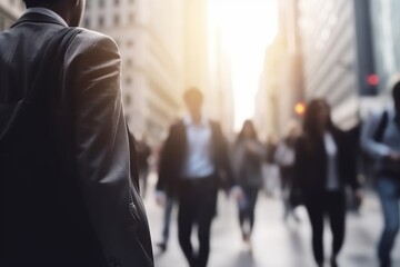 Fototapeta premium With its speed-shutter effect, this stock photo conveys the frenzied pace of the business world, with busy professionals hurrying to meetings and appointments. Generative AI