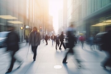 A blur of speed-shuttered business people, rushing through the city streets in a blur of motion. Perfect for depicting the fast-paced world of modern business. Generative AI