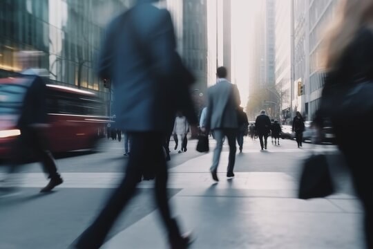 Capture the energy of a busy day at the office with this dynamic shot of speed-shuttered business people on the move. Great for corporate websites and presentations. Generative AI
