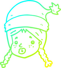 cold gradient line drawing of a cartoon girl wearing christmas hat