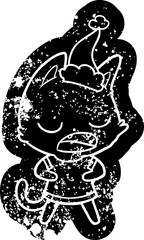 talking cat quirky cartoon distressed icon of a wearing santa hat