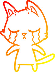 warm gradient line drawing of a crying cartoon cat