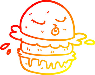 warm gradient line drawing of a cartoon fast food burger