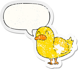 cartoon duck with speech bubble distressed distressed old sticker