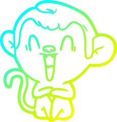 cold gradient line drawing of a cartoon laughing monkey