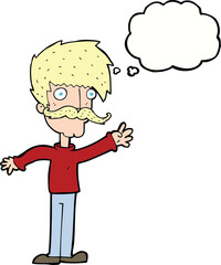 cartoon waving mustache man with thought bubble