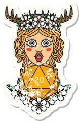 grunge sticker of a human druid with natural twenty dice roll