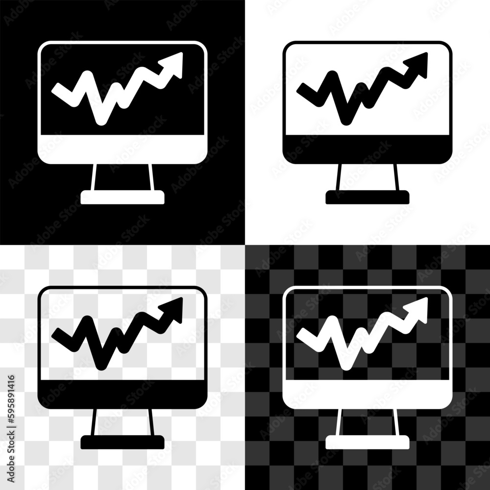 Aufkleber set computer monitor with graph chart icon isolated on black and white, transparent background. repo