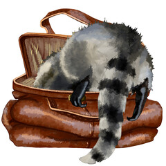 The tail and hind legs of the raccoon stick out of the bag. Funny raccoon climbs into the bag. For printing clothes, dishes, posters, postcards, website design. Humor. Funny animals. 