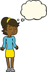 cartoon woman shrugging shoulders with thought bubble