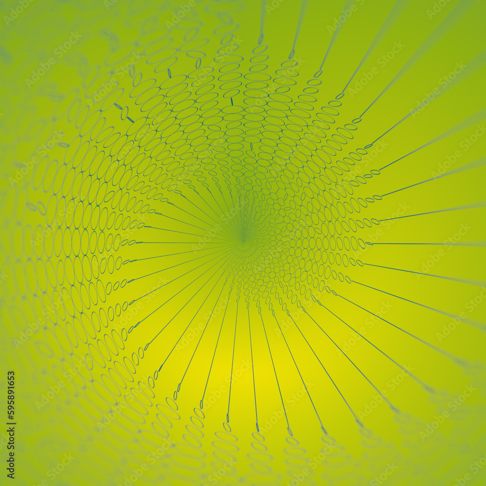 Poster Spiral divergent wave of chaotically rotated flat circles on yellow background. 3d rendering digital illustration