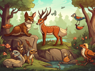 Fauna background with various animals in the forest