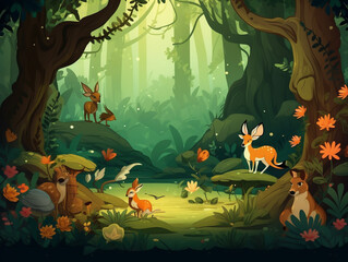Fauna background with various animals in the forest