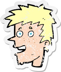 retro distressed sticker of a cartoon happy boy face
