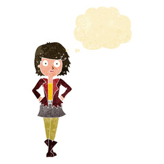 cartoon girl in jacket with thought bubble