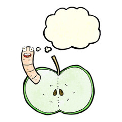 cartoon apple with worm with thought bubble