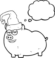 freehand drawn thought bubble cartoon christmas pig
